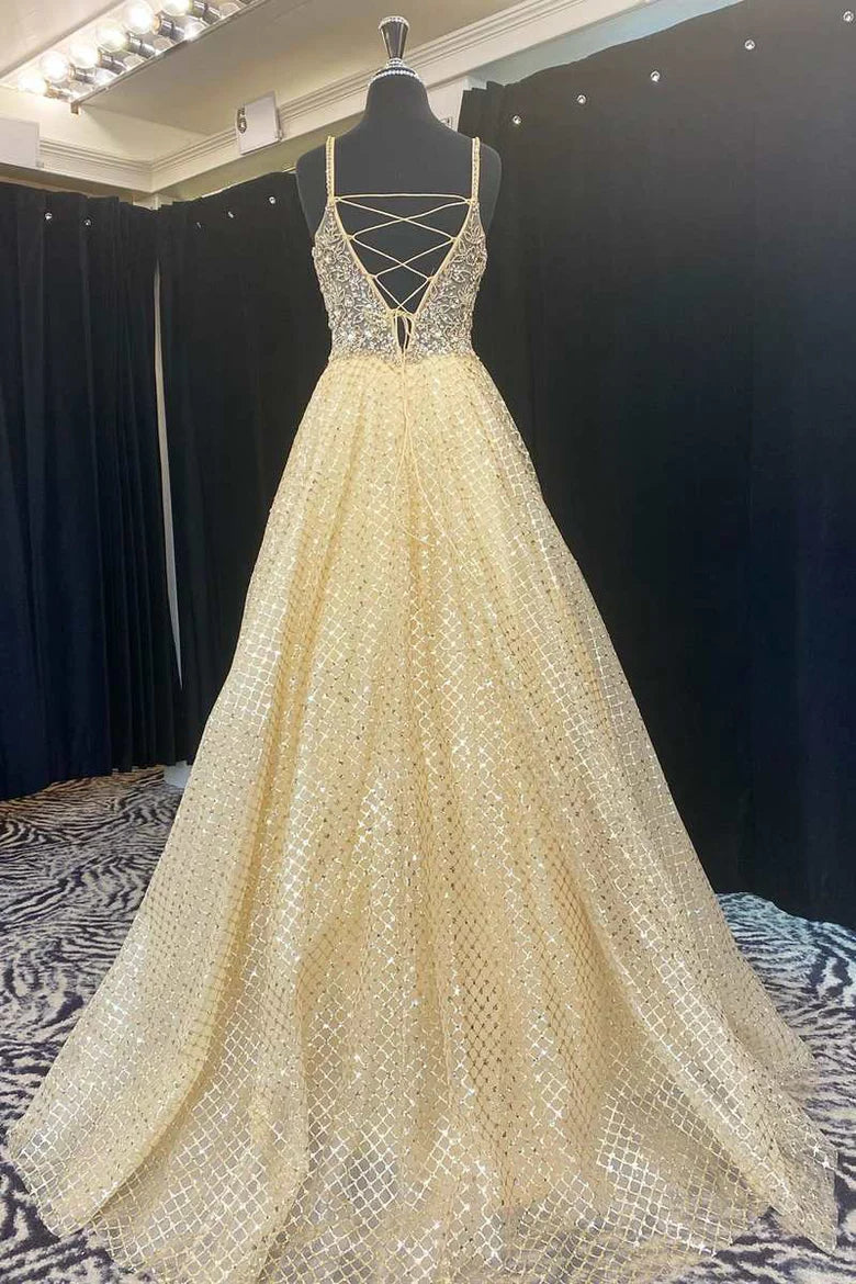 Vestido de fiesta de cuento de hadas con escote profundo, corte A y cuentas
